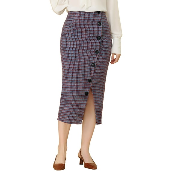 Allegra K Women's Elegant Elastic Waist Button Decor Front Houndstooth Skirt