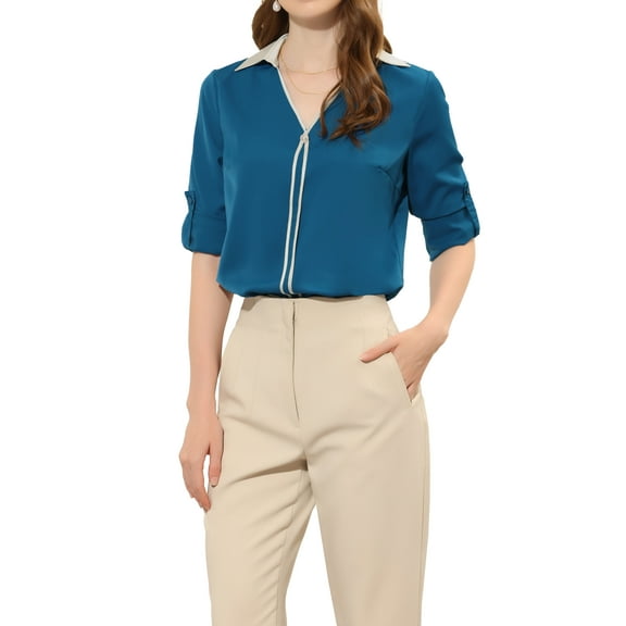 INSPIRE CHIC Women's Collared Shirts Contrast V Neck Roll Up Long Sleeve Work Blouse Lake Blue L
