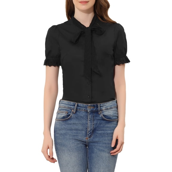 INSPIRE CHIC Women's Elegant Embroidered Tie Neck Cotton Button Down Blouse Shirts S Black