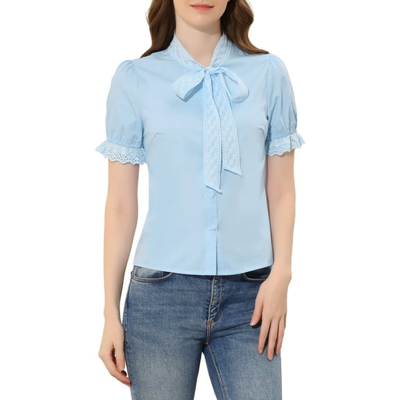 INSPIRE CHIC Women's Elegant Embroidered Tie Neck Cotton Button Down Blouse Shirts S Light Blue