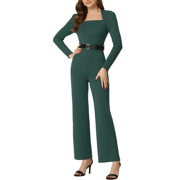 INSPIRE CHIC Women's Elegant Jumpsuit Square Neck Long Sleeve Wide Leg Long Pants Dressy Romper XL Green