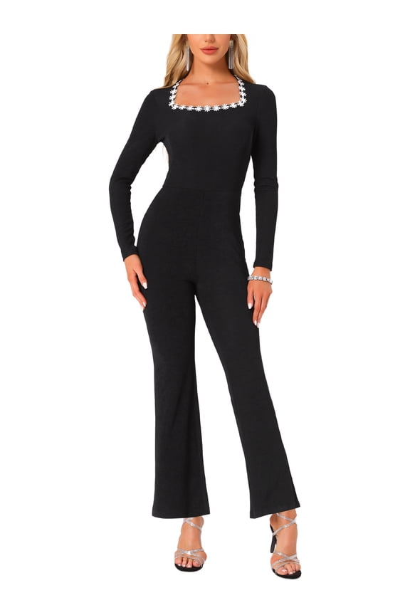 Women's Elegant Jumpsuits Square Neck High Waist Wide Leg Long Pants Jumpsuit