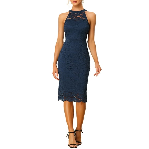 INSPIRE CHIC Women's Elegant Lace Halter Neck Sleeveless Bodycon Cocktail Sheath Midi Dress XL Dark Blue