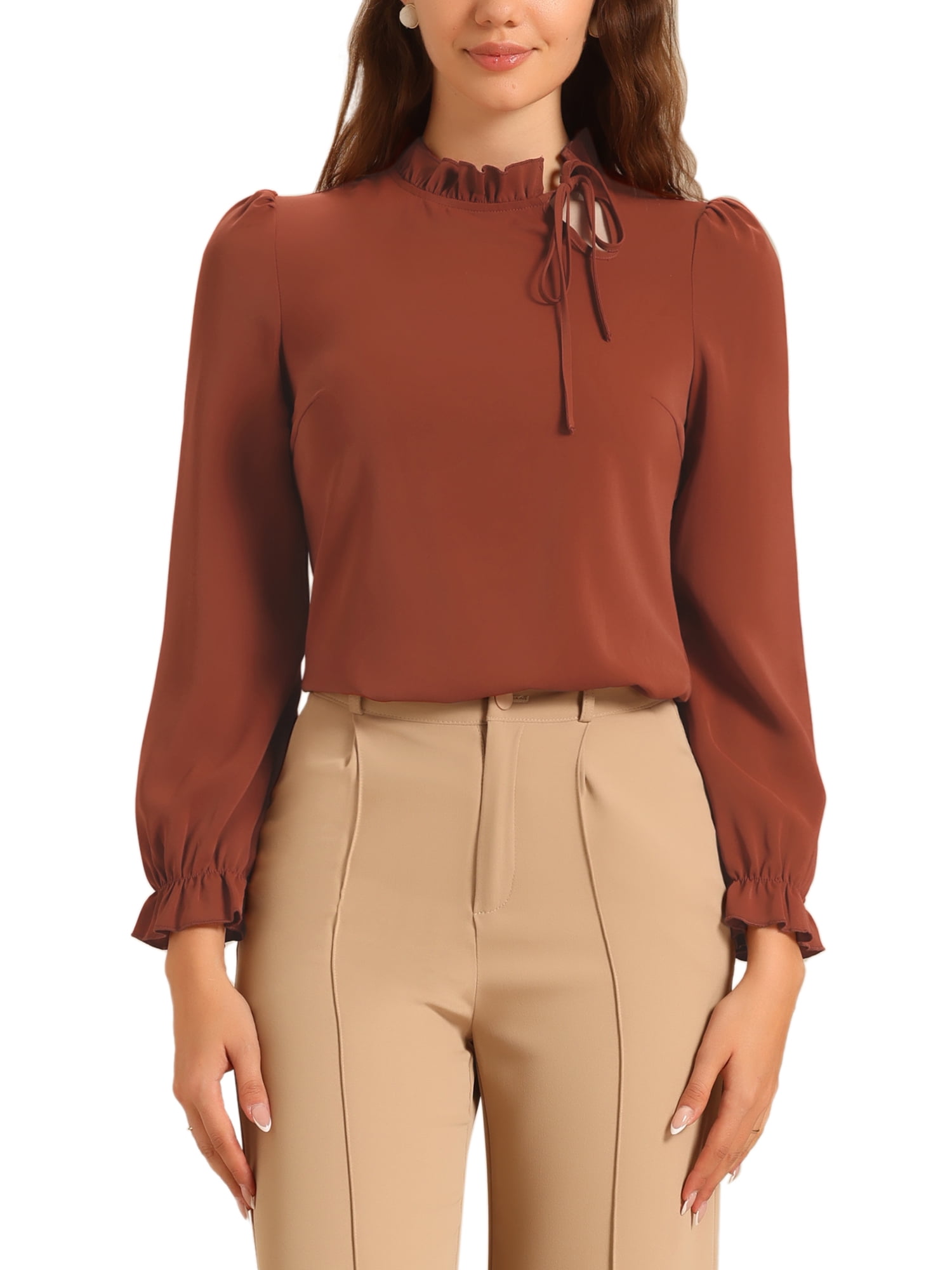 INSPIRE CHIC Women's Elegant Long Sleeve Blouse Ruffle Tie Neck ...