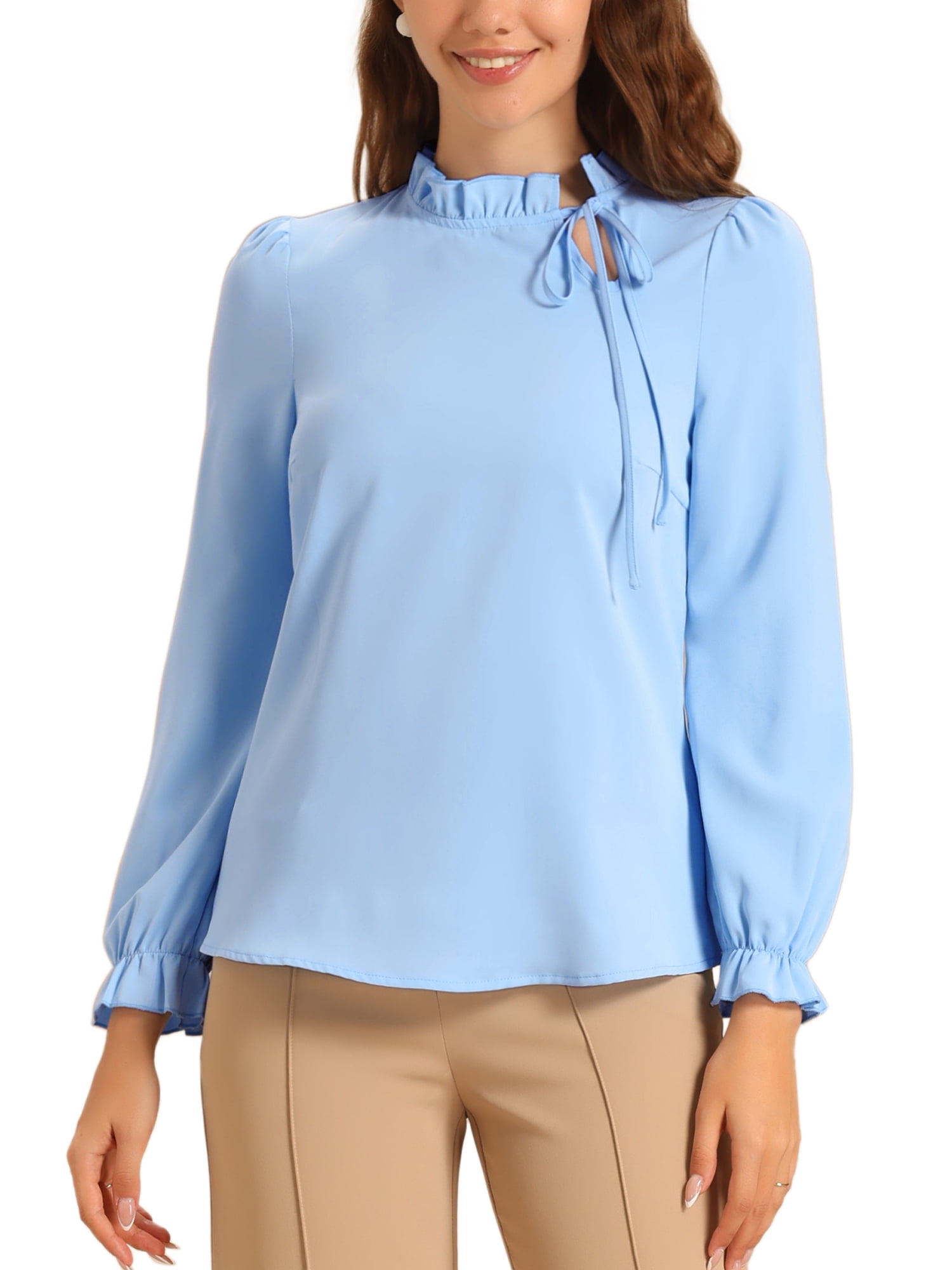 INSPIRE CHIC Women's Elegant Long Sleeve Blouse Ruffle Tie Neck ...