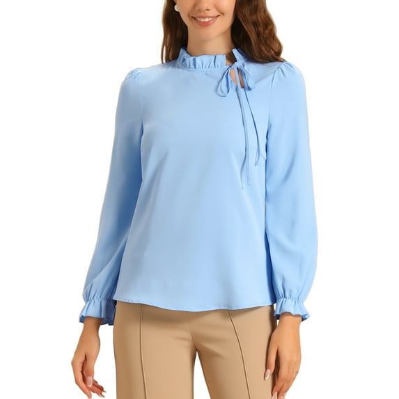 INSPIRE CHIC Women's Elegant Long Sleeve Blouse Ruffle Tie Neck Business Work Top S Sky Blue