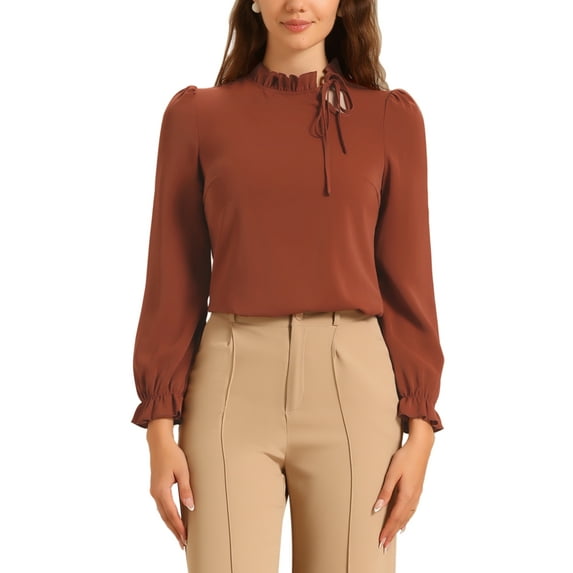 INSPIRE CHIC Women's Elegant Long Sleeve Blouse Ruffle Tie Neck Business Work Top XL Caramel