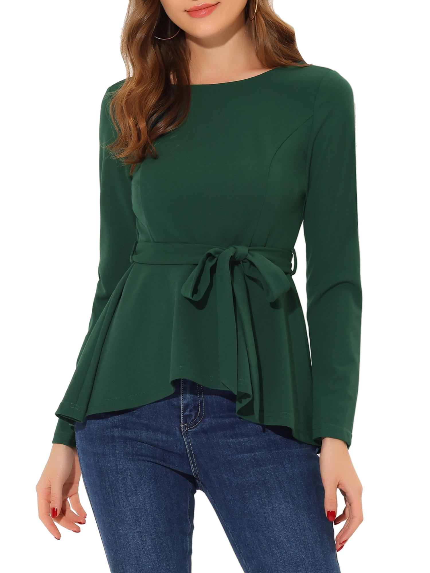 Round Neck Tie Waist Long Sleeve Blouse