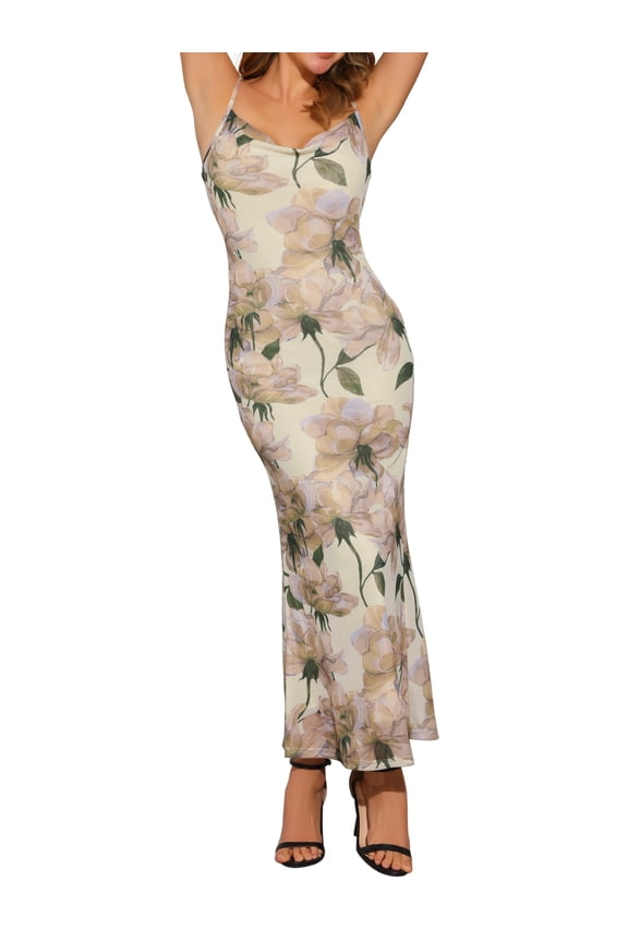 Women's Floral Maxi Dress Mesh Sleeveless Bodycon Cocktail Dress XS Beige