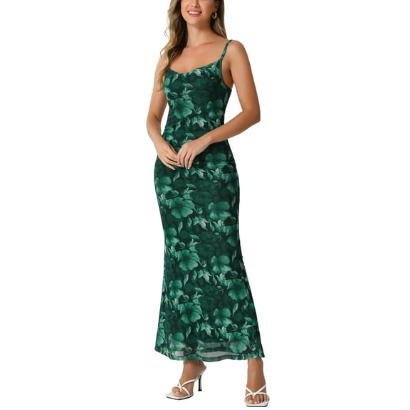 INSPIRE CHIC Women's Floral Maxi Dress Mesh Sleeveless Bodycon Cocktail Dress XS Dark Green