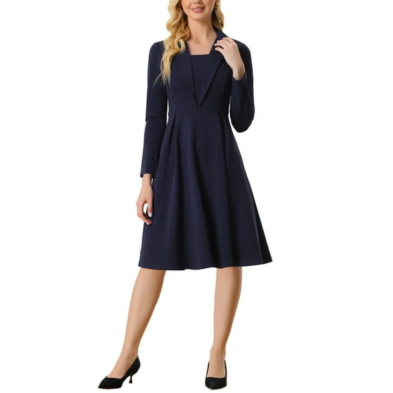 INSPIRE CHIC Women’s Elegant Office Dresses Square Neck Long Sleeve Pleated A-line Dress M Dark Blue