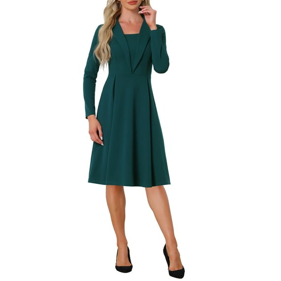 INSPIRE CHIC Women’s Elegant Office Dresses Square Neck Long Sleeve Pleated A-line Dress XL Lake Green