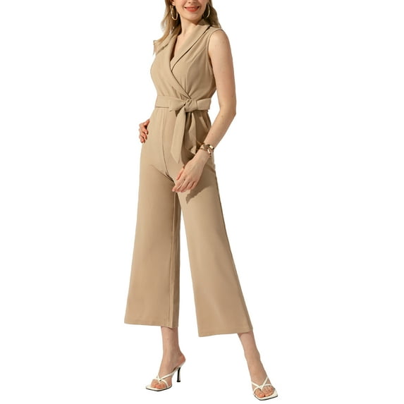 INSPIRE CHIC Women's Elegant Office Work Sleeveless Wide Belted Leg Jumpsuit Romper