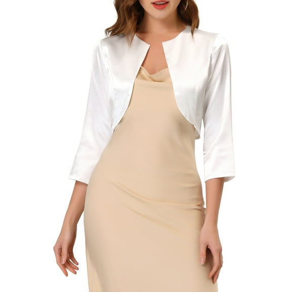INSPIRE CHIC Women's Elegant Open Front 3/4 Sleeve Evening Shrug Satin Bolero Cardigan