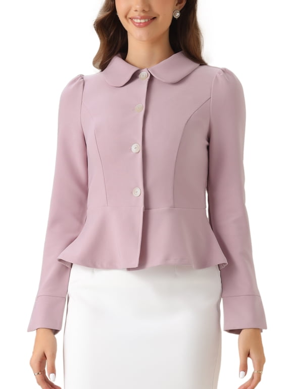Women's Elegant Peter Pan Collar Long Sleeves Ruffled Hem Single Breasted Office Blazers M Pink
