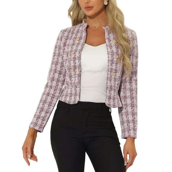 INSPIRE CHIC Women's Tweed Blazer Stand Collar Cropped Open Front Jacket S Pink