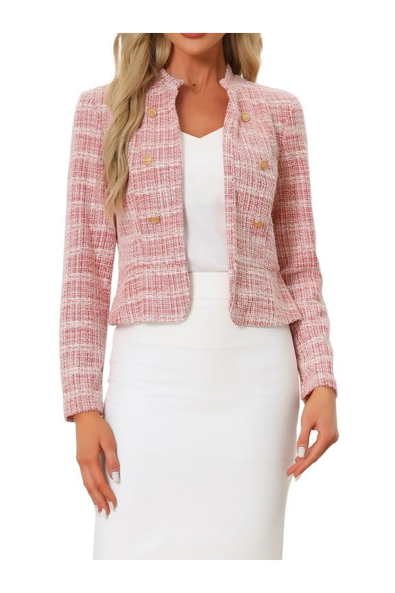 Women's Tweed Blazer Stand Collar Cropped Open Front Jacket S Red