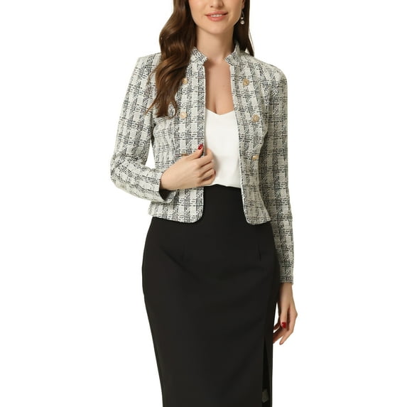 INSPIRE CHIC Women's Tweed Blazer Stand Collar Cropped Open Front Jacket XS White