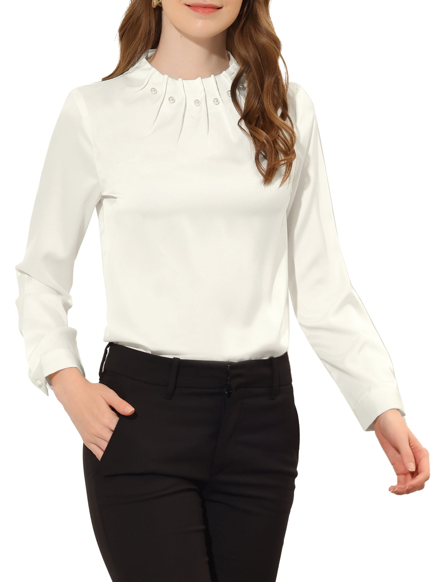 Allegra K Women's Elegant Pleated Neck Long Sleeves Satin Blouse ...