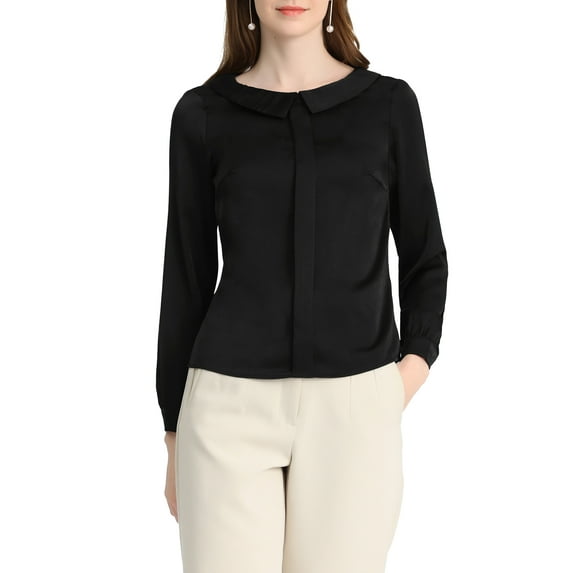 INSPIRE CHIC Women's Elegant Retro Peter Pan Collar Faux Placket Satin Work Shirt XS Black