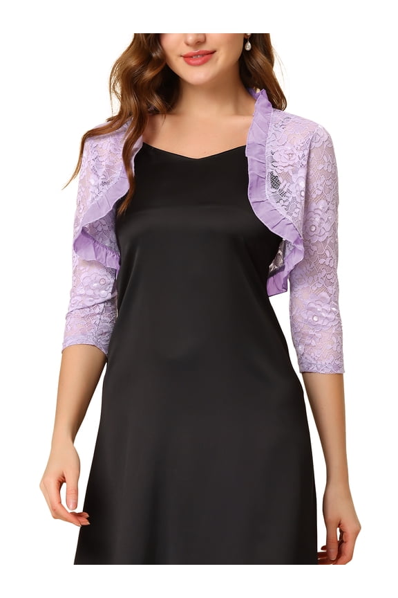 Women's Elegant Ruffle Collar Front 3/4 Sleeve Lace Shrug Top L Purple