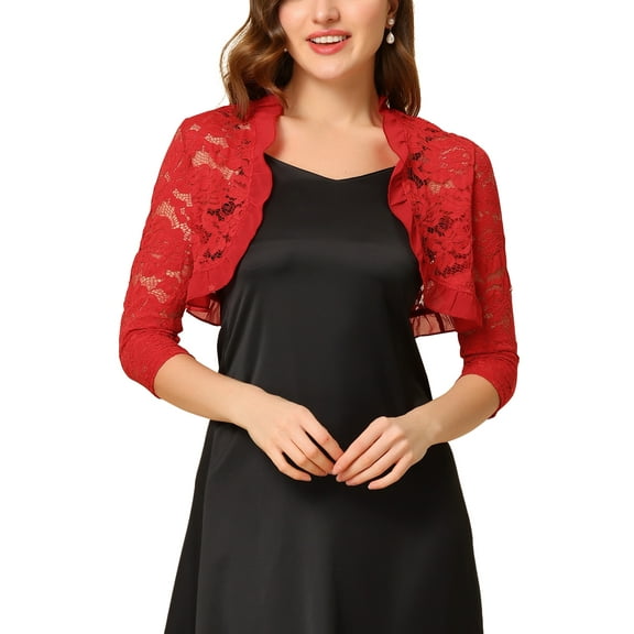 INSPIRE CHIC Women's Elegant Ruffle Collar Front 3/4 Sleeve Lace Shrug Top XL Bright Red