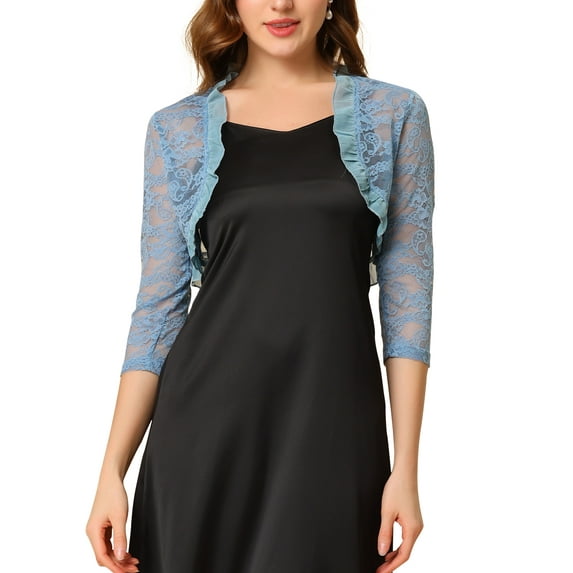INSPIRE CHIC Women's Elegant Ruffle Collar Front 3/4 Sleeve Lace Shrug Top L Grey Blue