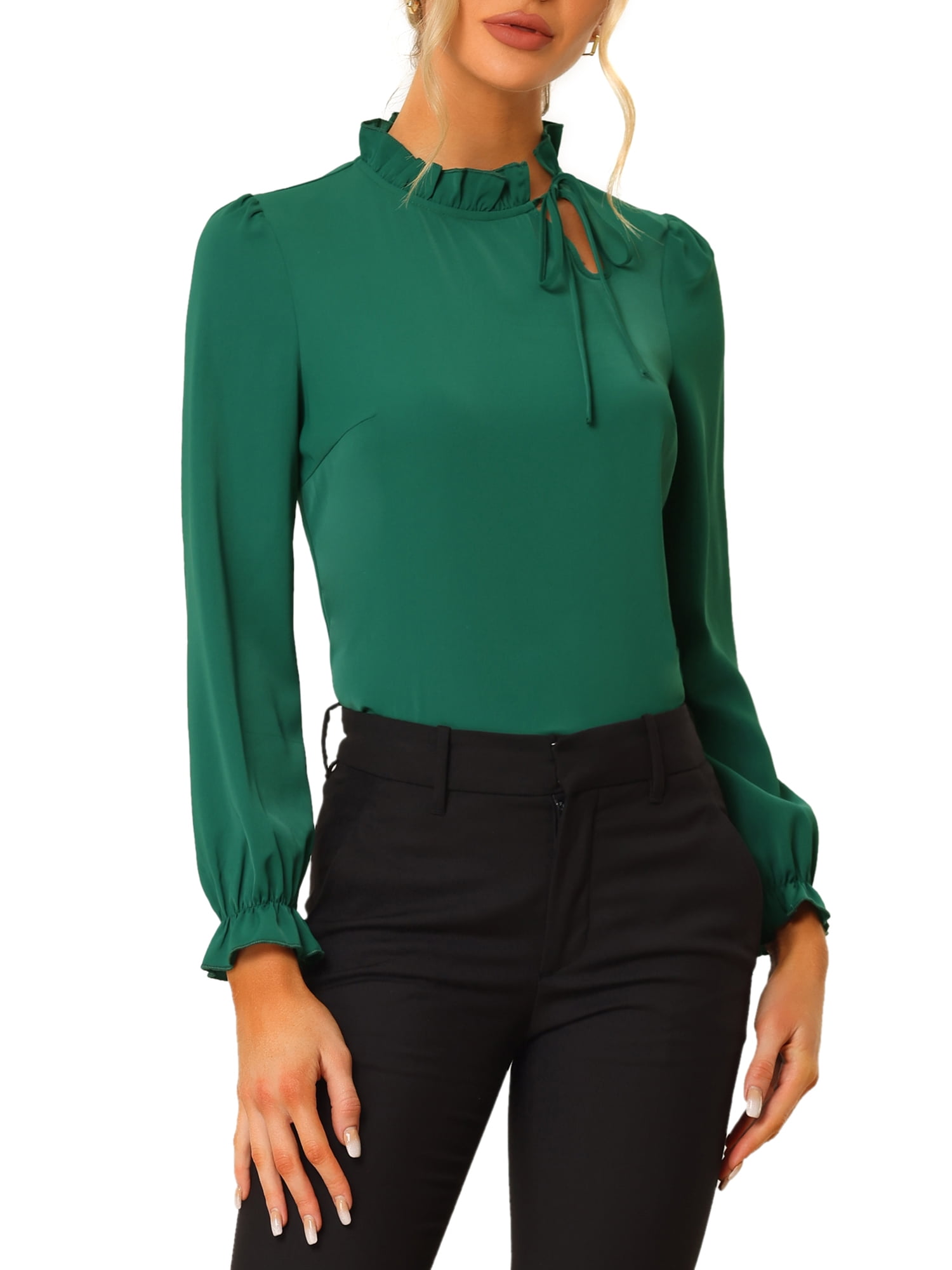 INSPIRE CHIC Women's Elegant Long Sleeve Blouse Ruffle Tie Neck ...
