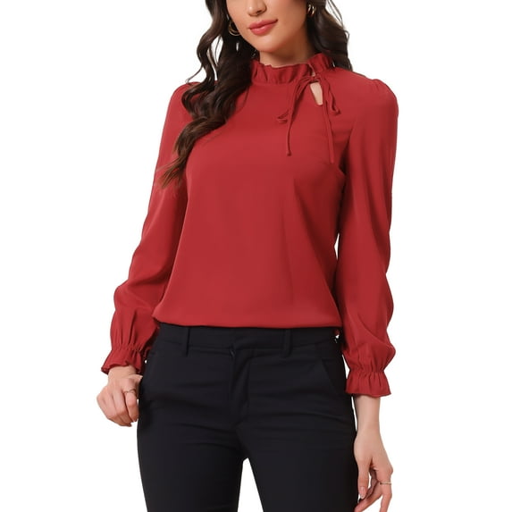 INSPIRE CHIC Women's Elegant Long Sleeve Blouse Ruffle Tie Neck Business Work Top L Dark Red