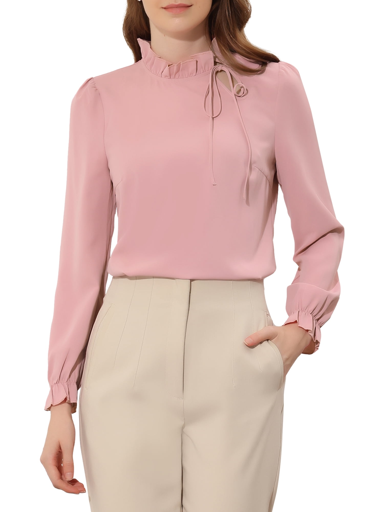 Allegra K Women's Elegant Long Sleeve Blouse Ruffle Tie Neck Business ...