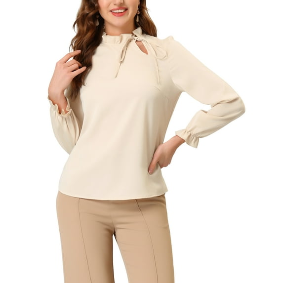INSPIRE CHIC Women's Elegant Long Sleeve Blouse Ruffle Tie Neck Business Work Top M Apricot