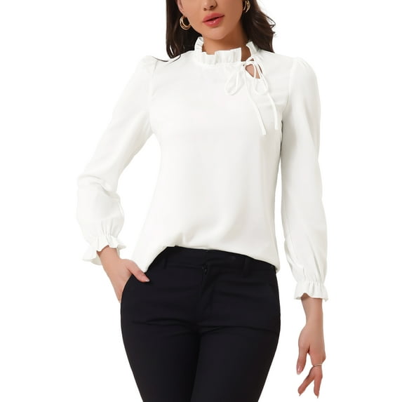 INSPIRE CHIC Women's Elegant Long Sleeve Blouse Ruffle Tie Neck Business Work Top M White