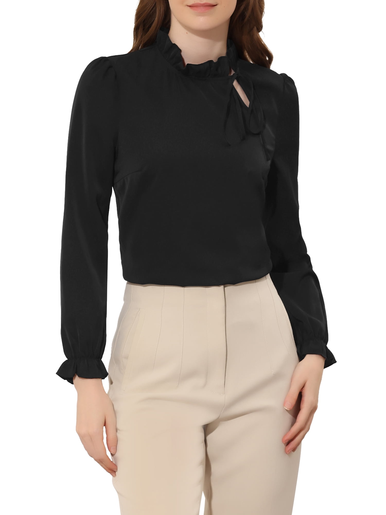 Allegra K Women's Elegant Long Sleeve Blouse Ruffle Tie Neck Business ...