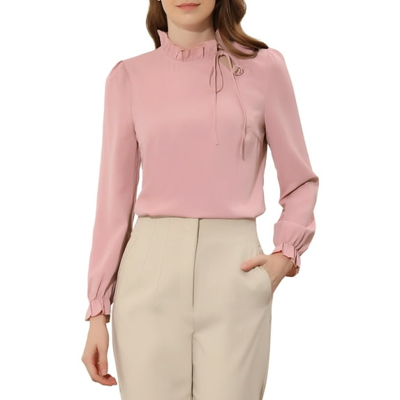 INSPIRE CHIC Women's Elegant Long Sleeve Blouse Ruffle Tie Neck Business Work Top XS Pink