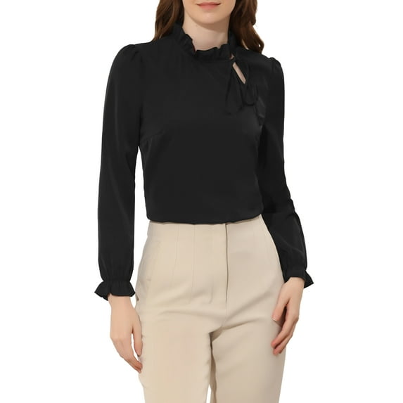 Allegra K Women's Elegant Ruffle Tie Neck Long Sleeve Work Blouse Top
