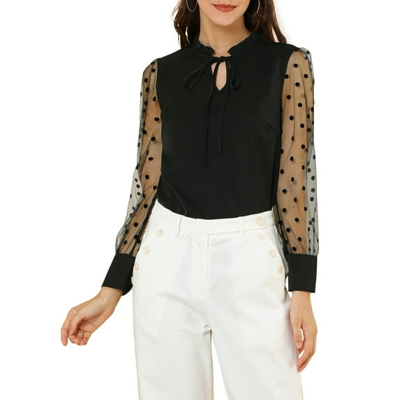 INSPIRE CHIC Women's Elegant Ruffle Tie Neck Mesh Long Sleeve Blouses Black M