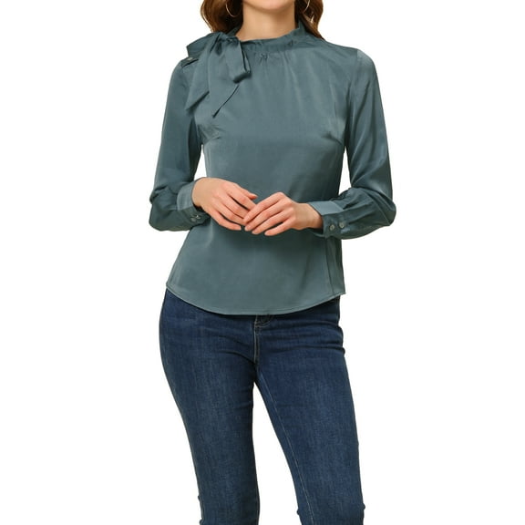 INSPIRE CHIC Women's Elegant Satin Shirt Bow Tie Office Work Blouses Tops