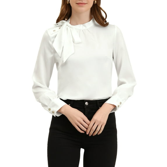 INSPIRE CHIC Women's Elegant Satin Shirt Bow Tie Office Work Blouses Tops