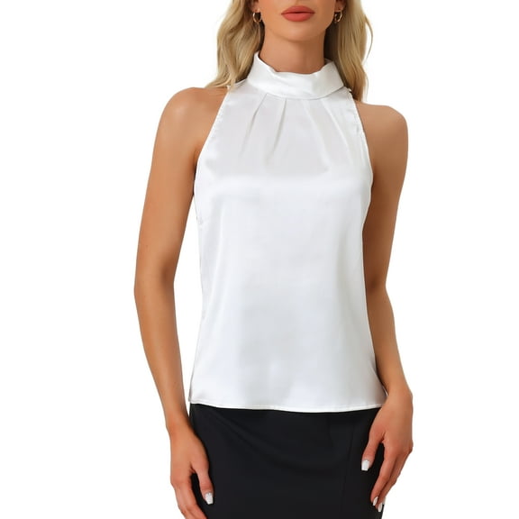 INSPIRE CHIC Women's Satin Tank Tops Sleeveless Bow Tie Neck Solid Work Blouses M White