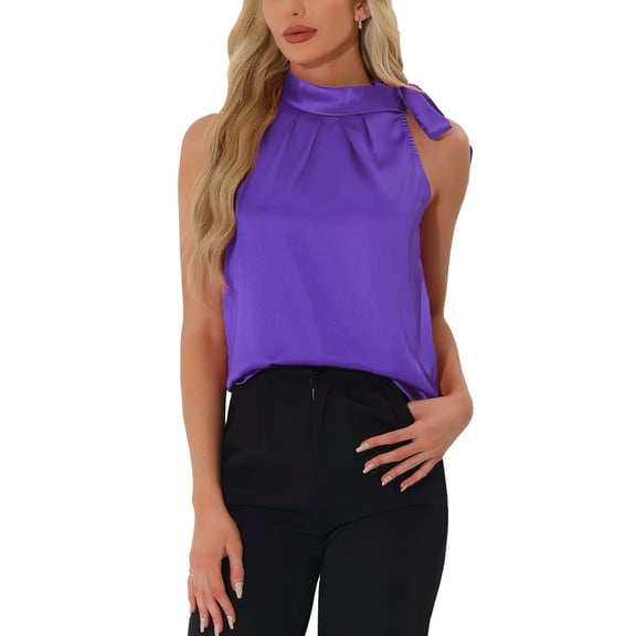 INSPIRE CHIC Women's Satin Tank Tops Sleeveless Bow Tie Neck Solid Work Blouses XL Purple