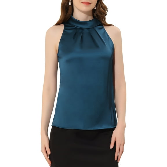 INSPIRE CHIC Women's Satin Tank Tops Sleeveless Bow Tie Neck Solid Work Blouses XS Peacock Blue