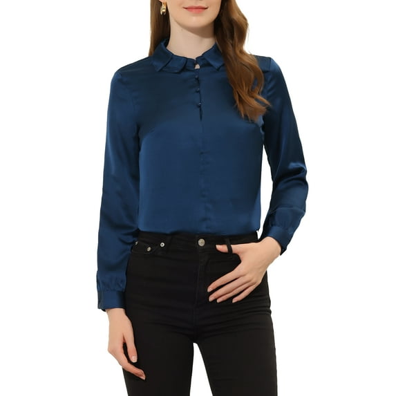 INSPIRE CHIC Women's Elegant Satin Turn Down Collar Long Sleeve Button Up Work Shirt Top Navy Blue XS