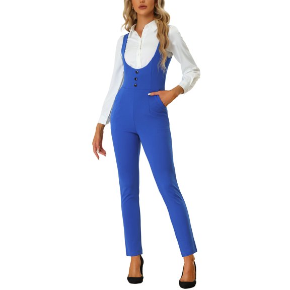INSPIRE CHIC Women's Elegant Scoop Neck Straight Leg Office Suspenders Jumpsuit L Blue