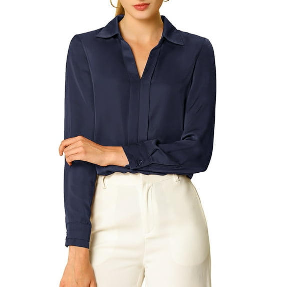INSPIRE CHIC Women's Elegant Shirts V Neck Point Collar Long Sleeve Smooth Satin Blouse 3XL Navy Blue