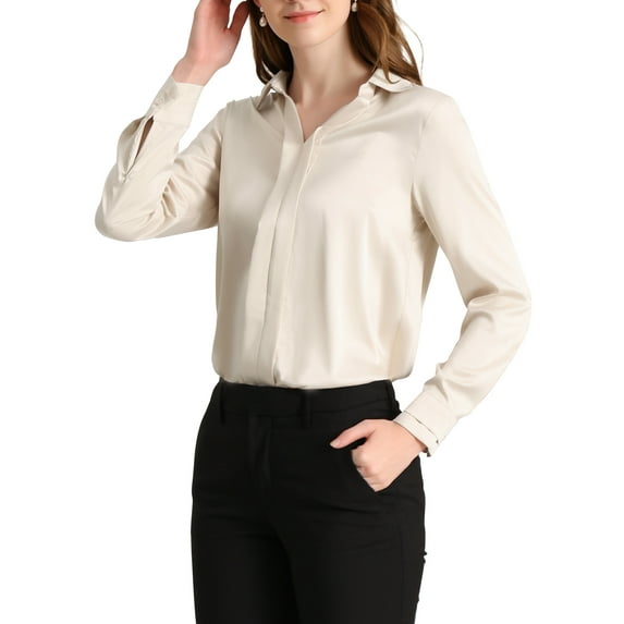 INSPIRE CHIC Women's Elegant Shirts V Neck Point Collar Long Sleeve Smooth Satin Blouse L Apricot