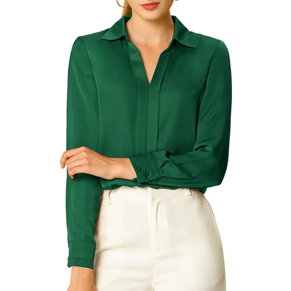 INSPIRE CHIC Women's Elegant Shirts V Neck Point Collar Long Sleeve Smooth Satin Blouse L Green