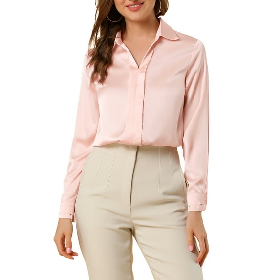 INSPIRE CHIC Women's Elegant Shirts V Neck Point Collar Long Sleeve Smooth Satin Blouse L Light Pink