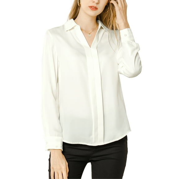 INSPIRE CHIC Women's Elegant Shirts V Neck Point Collar Long Sleeve Smooth Satin Blouse L White