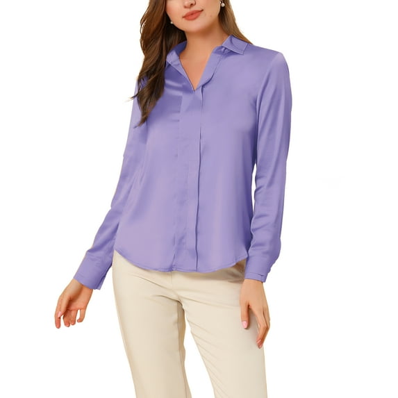 INSPIRE CHIC Women's Elegant Shirts V Neck Point Collar Long Sleeve Smooth Satin Blouse M Purple