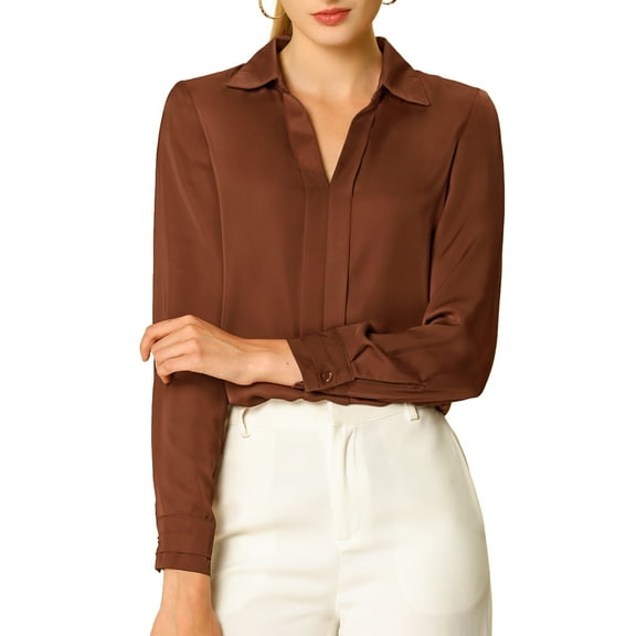 INSPIRE CHIC Women's Elegant Shirts V Neck Point Collar Long Sleeve Smooth Satin Blouse S Brown